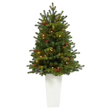 3.5’ Yukon Mountain Fir Artificial Christmas Tree with 50 Clear Lights and Pine Cones in White Planter-Christmas Tree-Parc Decor