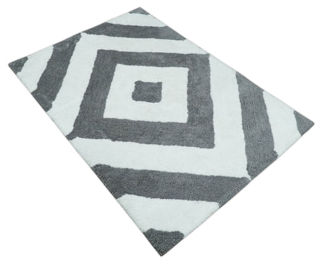 3x5, 4x6 and 5x7 Hand Woven Shag Ivory and Gray Geometrical Pattern Art Silk Soft Viscose Area Rug