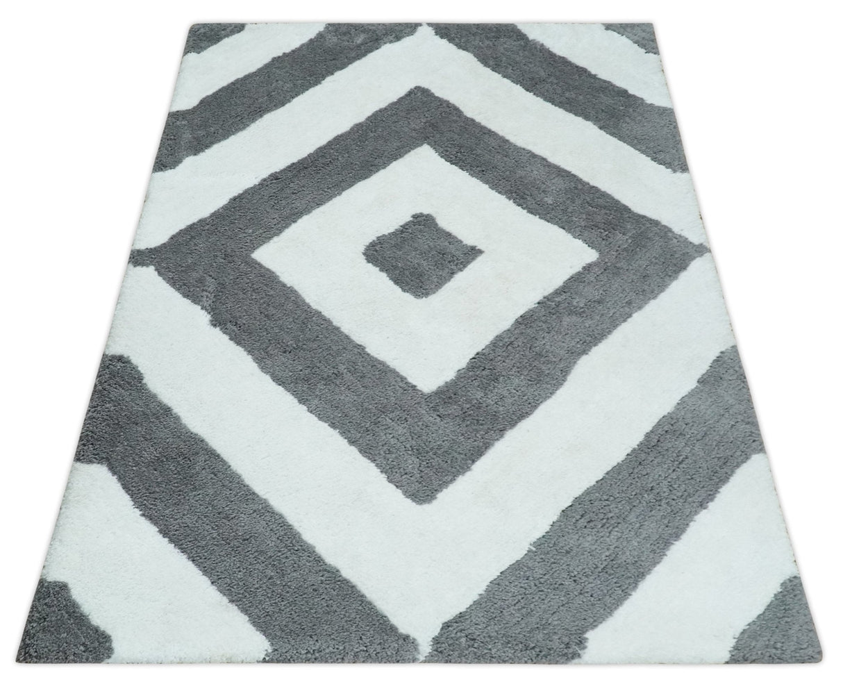 3x5, 4x6 and 5x7 Hand Woven Shag Ivory and Gray Geometrical Pattern Art Silk Soft Viscose Area Rug-Area Rug-Parc Decor