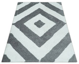 3x5, 4x6 and 5x7 Hand Woven Shag Ivory and Gray Geometrical Pattern Art Silk Soft Viscose Area Rug-Area Rug-Parc Decor