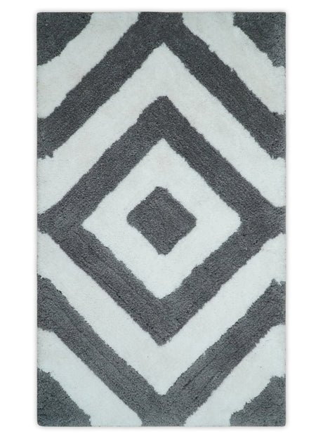 3x5, 4x6 and 5x7 Hand Woven Shag Ivory and Gray Geometrical Pattern Art Silk Soft Viscose Area Rug-Area Rug-Parc Decor