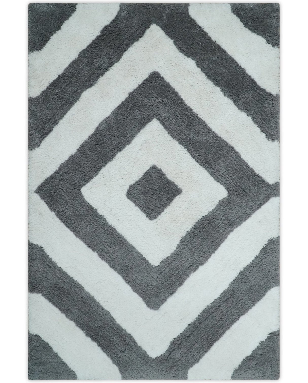3x5, 4x6 and 5x7 Hand Woven Shag Ivory and Gray Geometrical Pattern Art Silk Soft Viscose Area Rug-Area Rug-Parc Decor