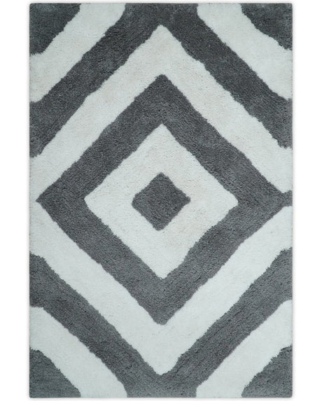 3x5, 4x6 and 5x7 Hand Woven Shag Ivory and Gray Geometrical Pattern Art Silk Soft Viscose Area Rug-Area Rug-Parc Decor