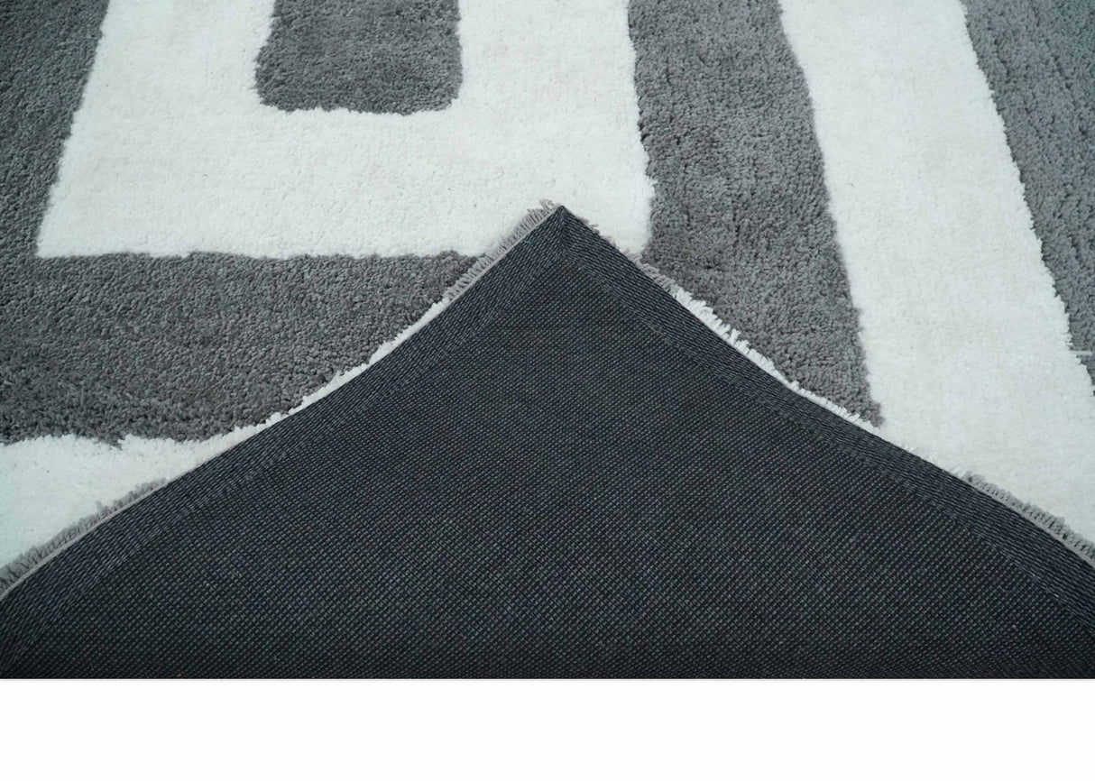 3x5, 4x6 and 5x7 Hand Woven Shag Ivory and Gray Geometrical Pattern Art Silk Soft Viscose Area Rug-Area Rug-Parc Decor