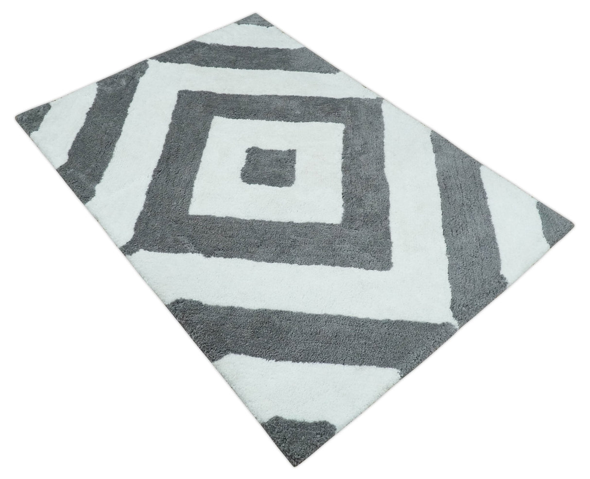 3x5, 4x6 and 5x7 Hand Woven Shag Ivory and Gray Geometrical Pattern Art Silk Soft Viscose Area Rug-Area Rug-Parc Decor