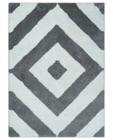 3x5, 4x6 and 5x7 Hand Woven Shag Ivory and Gray Geometrical Pattern Art Silk Soft Viscose Area Rug-Area Rug-Parc Decor