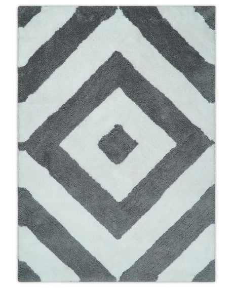 3x5, 4x6 and 5x7 Hand Woven Shag Ivory and Gray Geometrical Pattern Art Silk Soft Viscose Area Rug-Area Rug-Parc Decor
