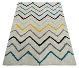 3x5, 4x6 and 5x7 Hand Woven Shag Ivory with multicolor Stripes Art Silk Soft Viscose Area Rug