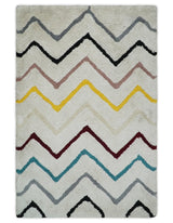 3x5, 4x6 and 5x7 Hand Woven Shag Ivory with multicolor Stripes Art Silk Soft Viscose Area Rug
