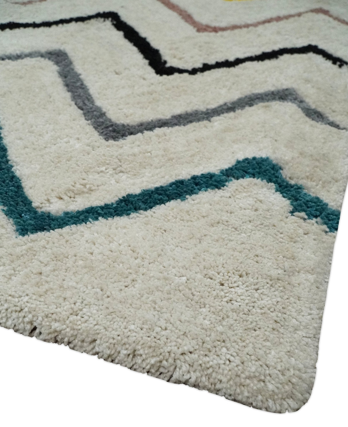3x5, 4x6 and 5x7 Hand Woven Shag Ivory with multicolor Stripes Art Silk Soft Viscose Area Rug