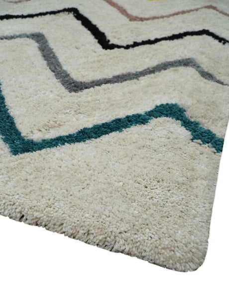 3x5, 4x6 and 5x7 Hand Woven Shag Ivory with multicolor Stripes Art Silk Soft Viscose Area Rug