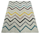 3x5, 4x6 and 5x7 Hand Woven Shag Ivory with multicolor Stripes Art Silk Soft Viscose Area Rug-Area Rug-Parc Decor