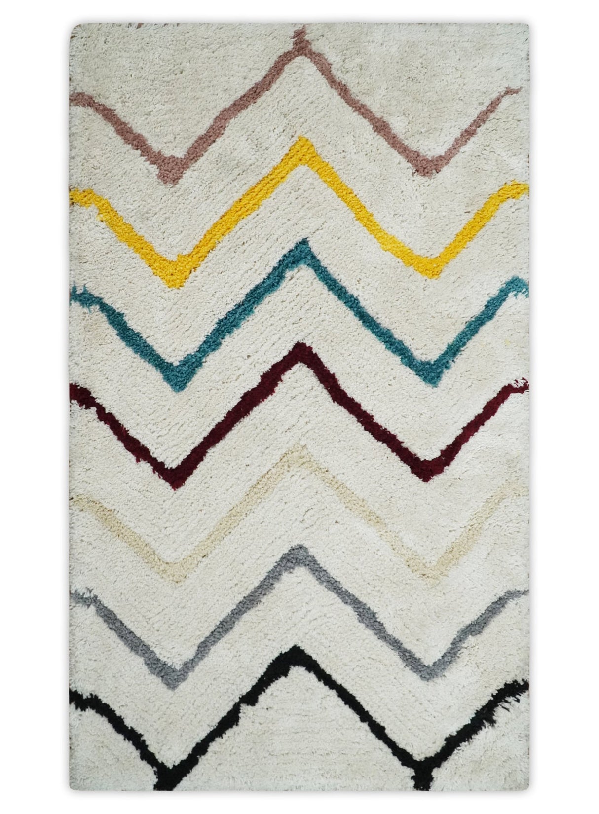 3x5, 4x6 and 5x7 Hand Woven Shag Ivory with multicolor Stripes Art Silk Soft Viscose Area Rug-Area Rug-Parc Decor
