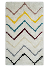 3x5, 4x6 and 5x7 Hand Woven Shag Ivory with multicolor Stripes Art Silk Soft Viscose Area Rug-Area Rug-Parc Decor