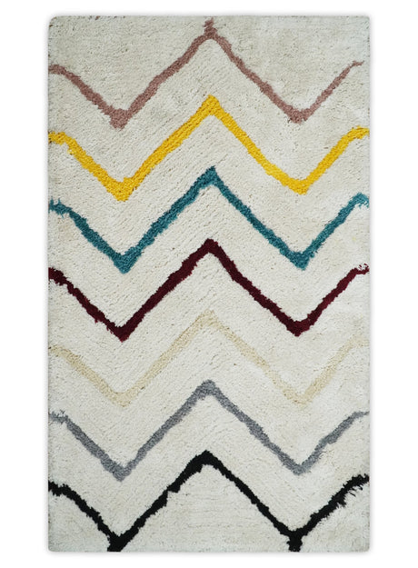 3x5, 4x6 and 5x7 Hand Woven Shag Ivory with multicolor Stripes Art Silk Soft Viscose Area Rug-Area Rug-Parc Decor