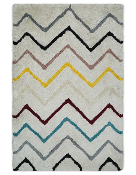 3x5, 4x6 and 5x7 Hand Woven Shag Ivory with multicolor Stripes Art Silk Soft Viscose Area Rug-Area Rug-Parc Decor