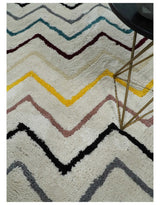 3x5, 4x6 and 5x7 Hand Woven Shag Ivory with multicolor Stripes Art Silk Soft Viscose Area Rug-Area Rug-Parc Decor