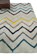 3x5, 4x6 and 5x7 Hand Woven Shag Ivory with multicolor Stripes Art Silk Soft Viscose Area Rug-Area Rug-Parc Decor