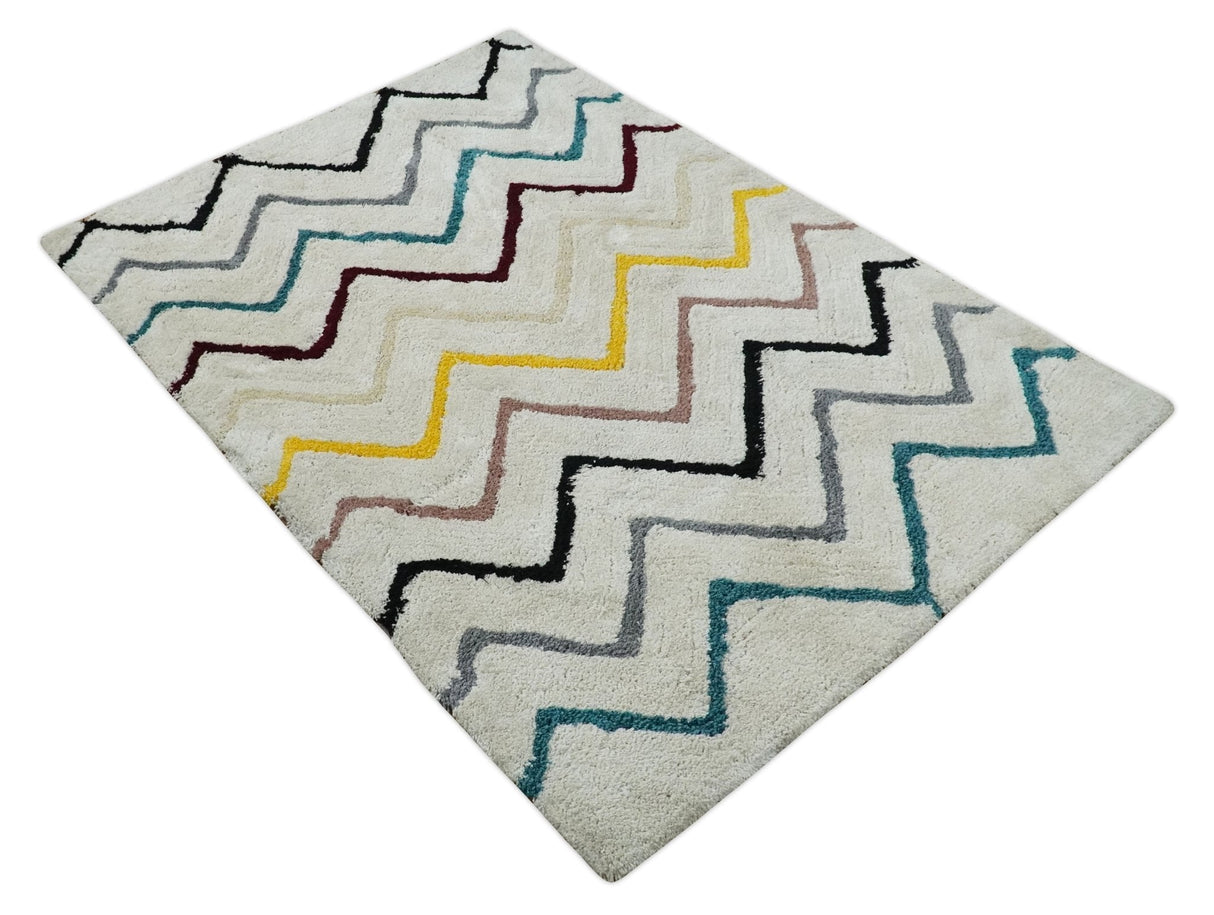 3x5, 4x6 and 5x7 Hand Woven Shag Ivory with multicolor Stripes Art Silk Soft Viscose Area Rug-Area Rug-Parc Decor