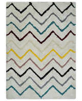 3x5, 4x6 and 5x7 Hand Woven Shag Ivory with multicolor Stripes Art Silk Soft Viscose Area Rug-Area Rug-Parc Decor