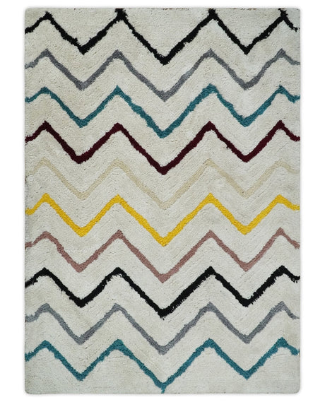 3x5, 4x6 and 5x7 Hand Woven Shag Ivory with multicolor Stripes Art Silk Soft Viscose Area Rug-Area Rug-Parc Decor