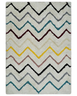 3x5, 4x6 and 5x7 Hand Woven Shag Ivory with multicolor Stripes Art Silk Soft Viscose Area Rug