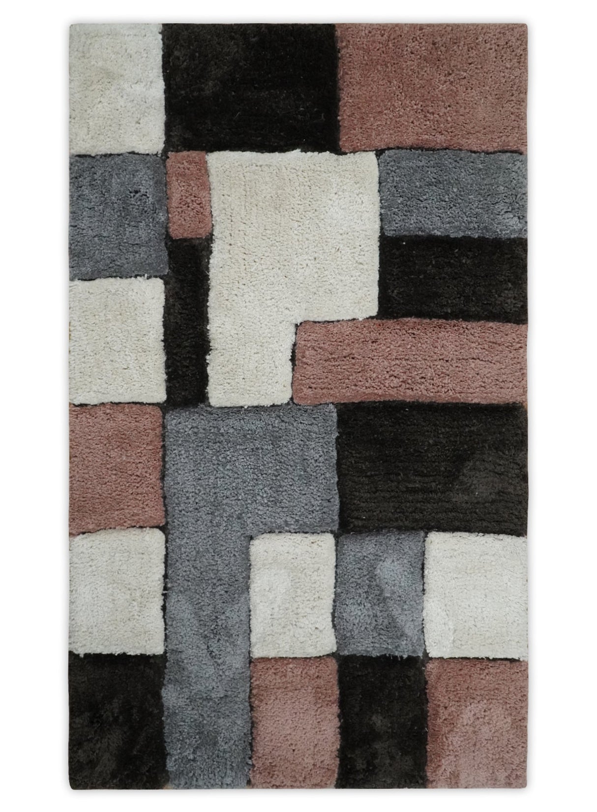 3x5, 4x6 and 5x7 Hand Woven Shag Ivory. Charcoal and Peach Art Silk Soft Viscose Area Rug-Area Rug-Parc Decor