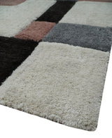 3x5, 4x6 and 5x7 Hand Woven Shag Ivory. Charcoal and Peach Art Silk Soft Viscose Area Rug-Area Rug-Parc Decor