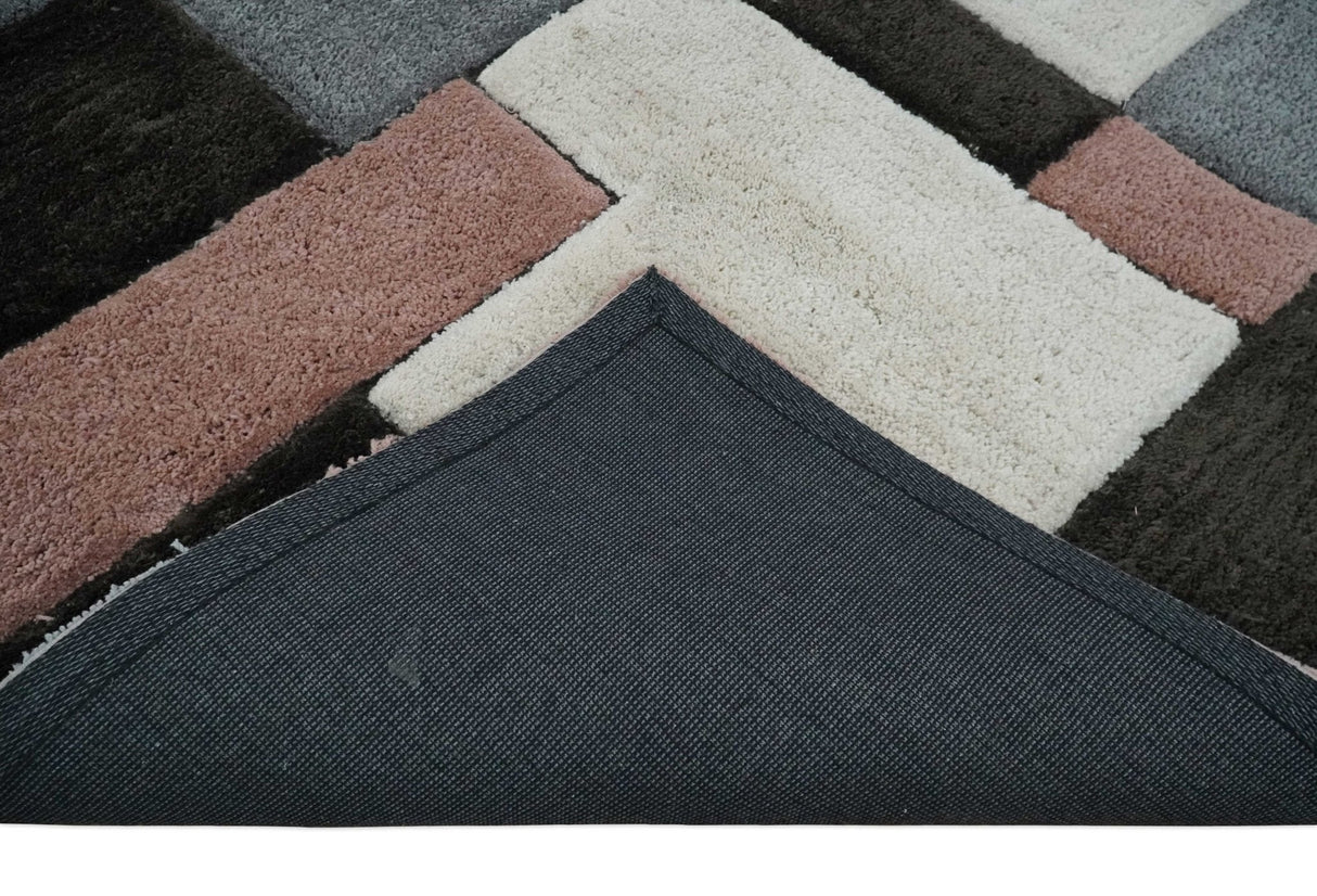 3x5, 4x6 and 5x7 Hand Woven Shag Ivory. Charcoal and Peach Art Silk Soft Viscose Area Rug-Area Rug-Parc Decor