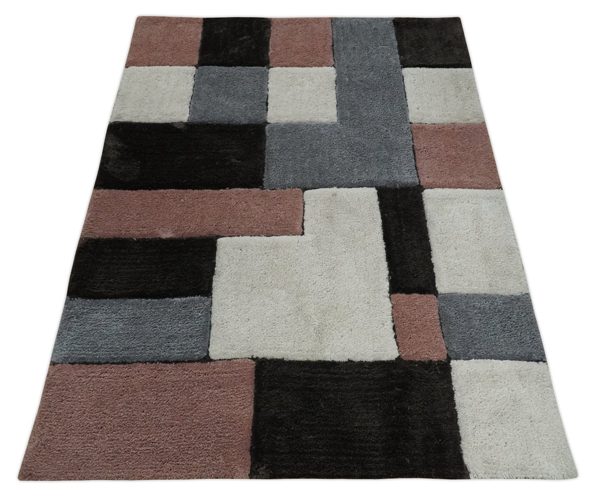 3x5, 4x6 and 5x7 Hand Woven Shag Ivory. Charcoal and Peach Art Silk Soft Viscose Area Rug-Area Rug-Parc Decor