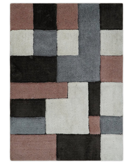 3x5, 4x6 and 5x7 Hand Woven Shag Ivory. Charcoal and Peach Art Silk Soft Viscose Area Rug-Area Rug-Parc Decor