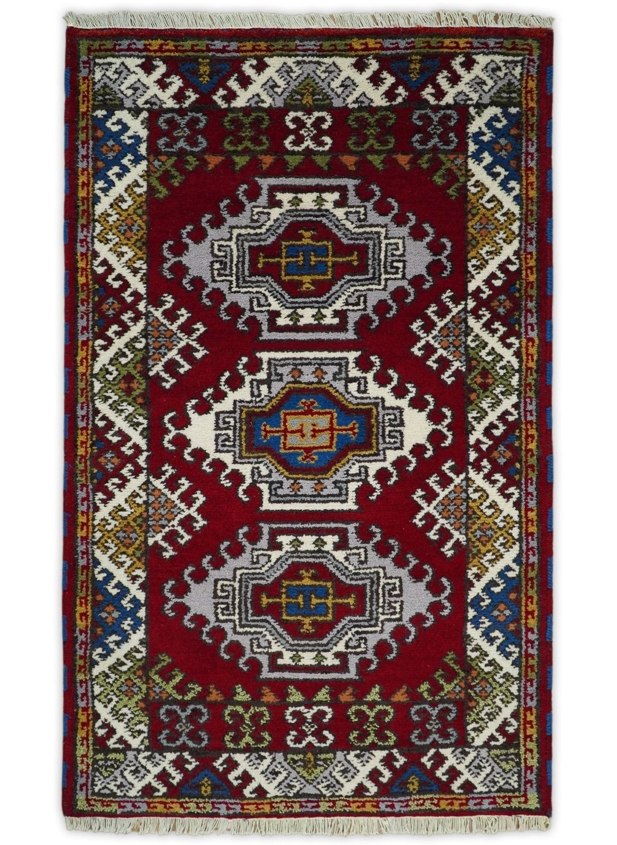 3x5 Hand Knotted Traditional Kazak Red and Ivory Wool Area Rug