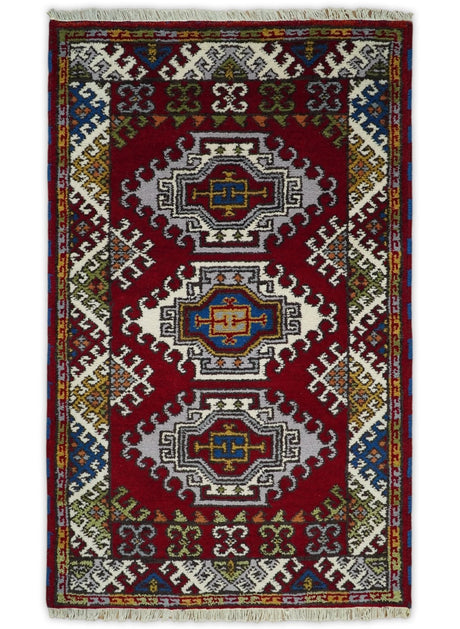 3x5 Hand Knotted Traditional Kazak Red and Ivory Wool Area Rug