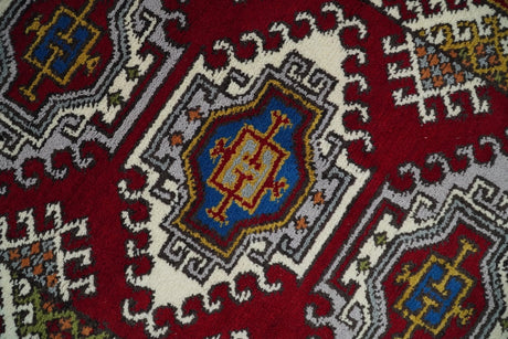 3x5 Hand Knotted Traditional Kazak Red and Ivory Wool Area Rug