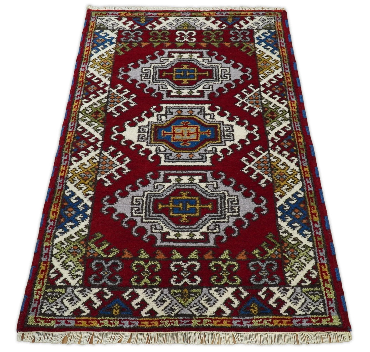 3x5 Hand Knotted Traditional Kazak Red and Ivory Wool Area Rug