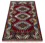 3x5 Hand Knotted Traditional Kazak Red and Ivory Wool Area Rug