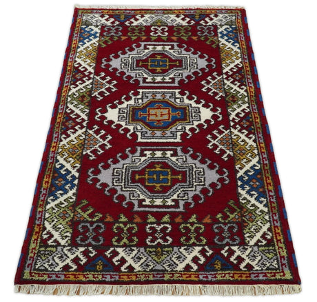 3x5 Hand Knotted Traditional Kazak Red and Ivory Wool Area Rug