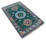 3x5 Hand knotted Traditional Khotan Design Teal Wool Area Rug