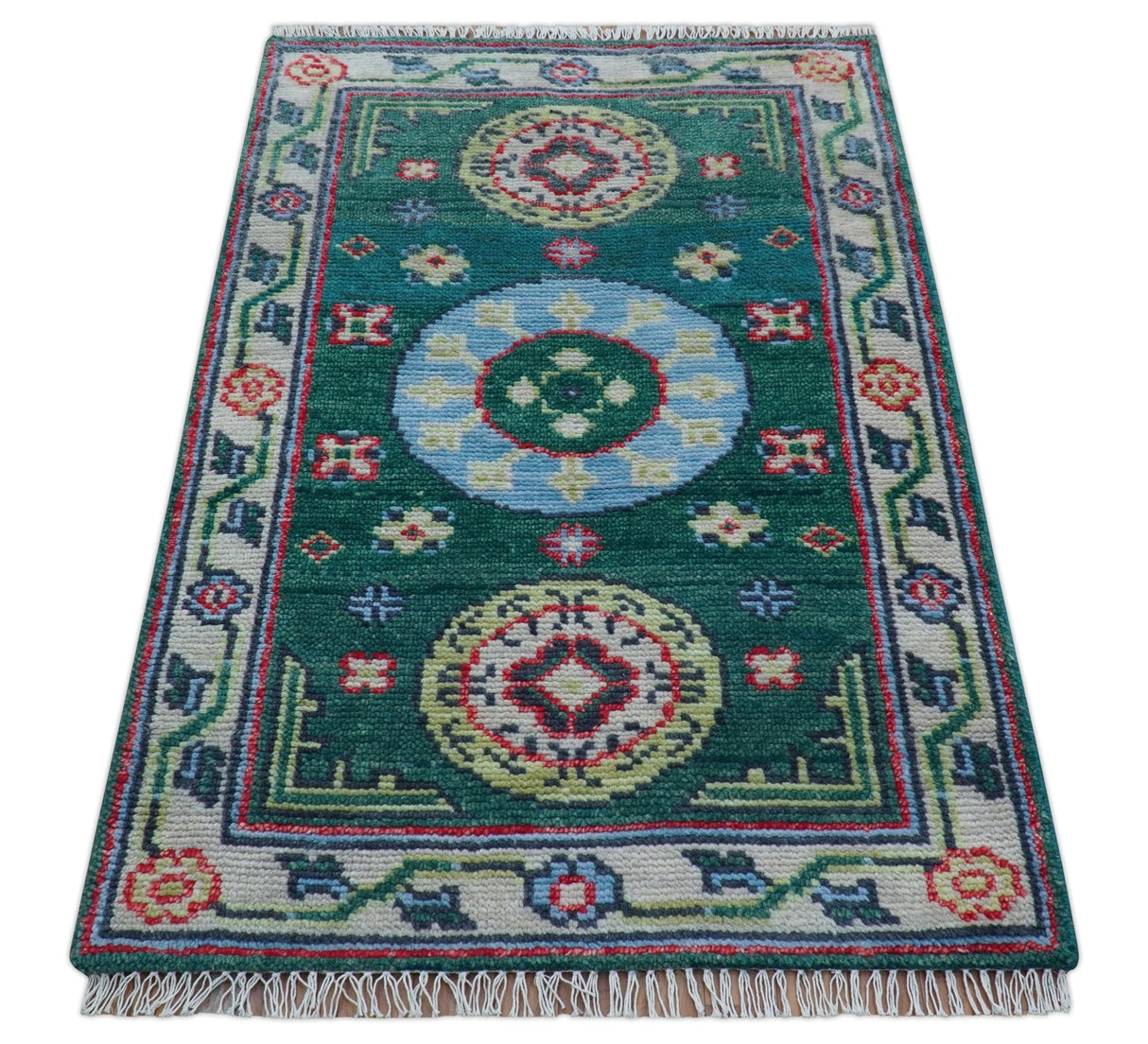 3x5 Hand knotted Traditional Khotan Design Teal Wool Area Rug