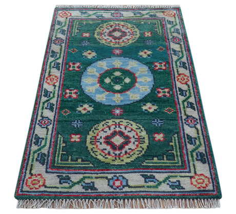 3x5 Hand knotted Traditional Khotan Design Teal Wool Area Rug