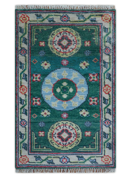 3x5 Hand knotted Traditional Khotan Design Teal Wool Area Rug