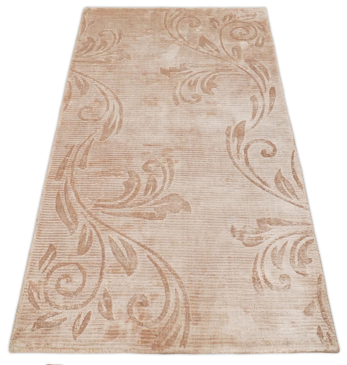 3x5 Hand Woven and Carved Beige and Peach Floral Art Silk Rug | KNT12-Area Rug-Parc Decor