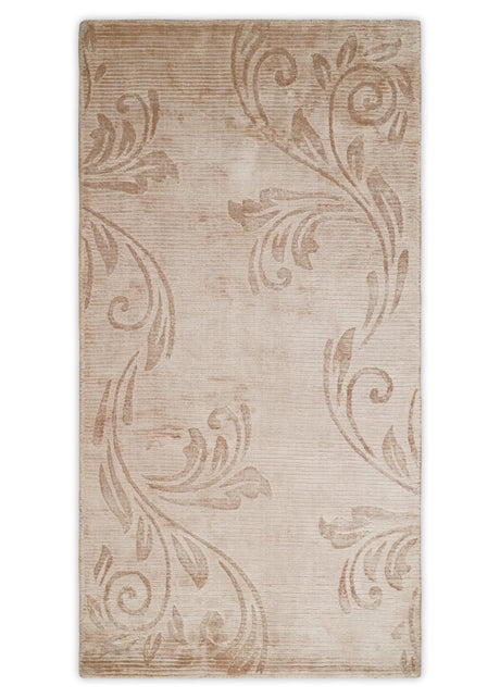 3x5 Hand Woven and Carved Beige and Peach Floral Art Silk Rug | KNT12-Area Rug-Parc Decor