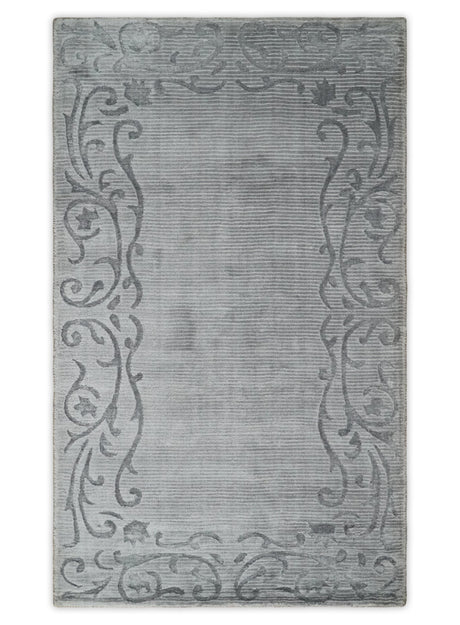 3x5 Hand Woven and Carved Silver and Gray Floral Art Silk Rug | KNT10-Area Rug-Parc Decor