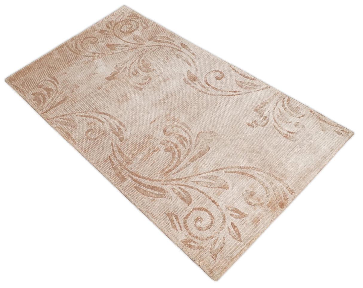 3x5 Hand Woven Beige and Peach Modern Floral Art Silk Rug