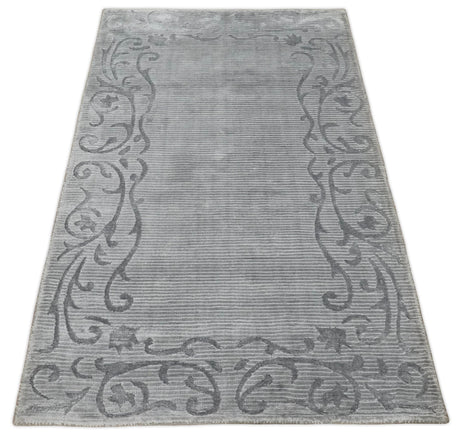 3x5 Hand Woven Silver and Gray Modern Floral Art Silk Rug