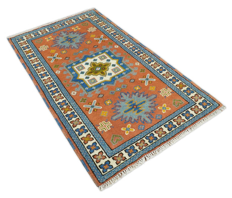 3x5 Rust and BIue Wool Hand Knotted traditional Vintage Antique Southwestern Tribal Kazak | TRDCP38135-Area Rug-Parc Decor