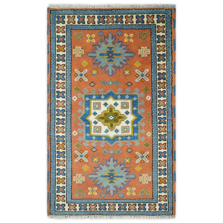 3x5 Rust and BIue Wool Hand Knotted traditional Vintage Antique Southwestern Tribal Kazak | TRDCP38135-Area Rug-Parc Decor