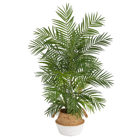 4' Areca Artificial Palm in Boho Chic Handmade Cotton & Jute White Woven Planter-Parc Decor