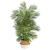 4' Areca Artificial Palm in Boho Chic Handmade Cotton & Jute White Woven Planter-Parc Decor